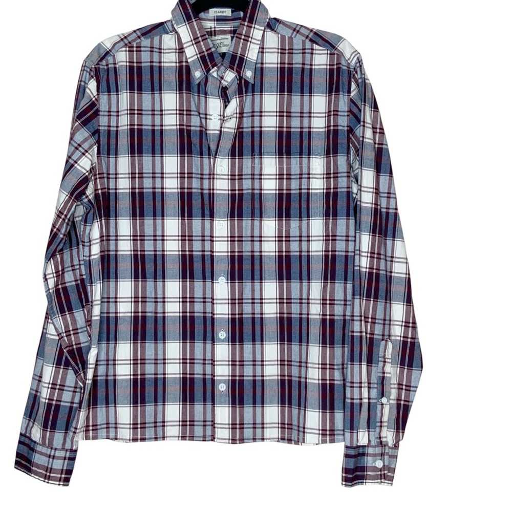 J. Crew Men's Plaid Shirt - Navy and Burgundy. Size M